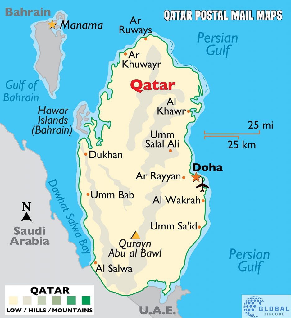 Map of Qatar showing major cities and geographic features