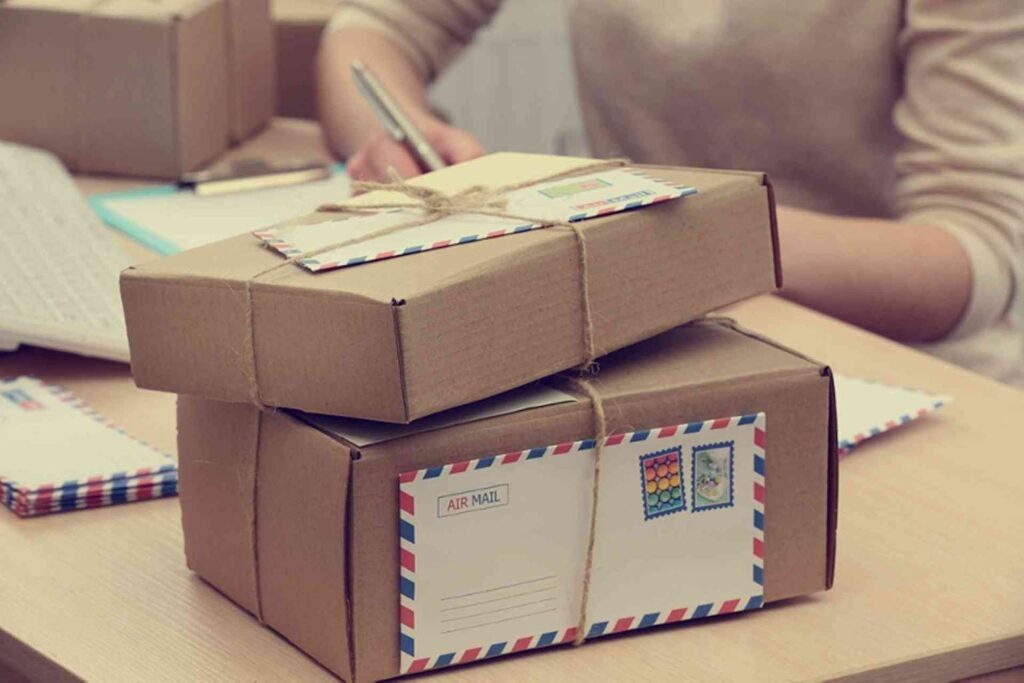 Packages tied with string and airmail envelopes, illustrating mail handling and delivery processes