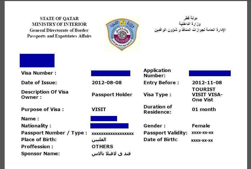 Sample Qatar tourist visa showing key details like visa type, issue date, duration, and personal information fields